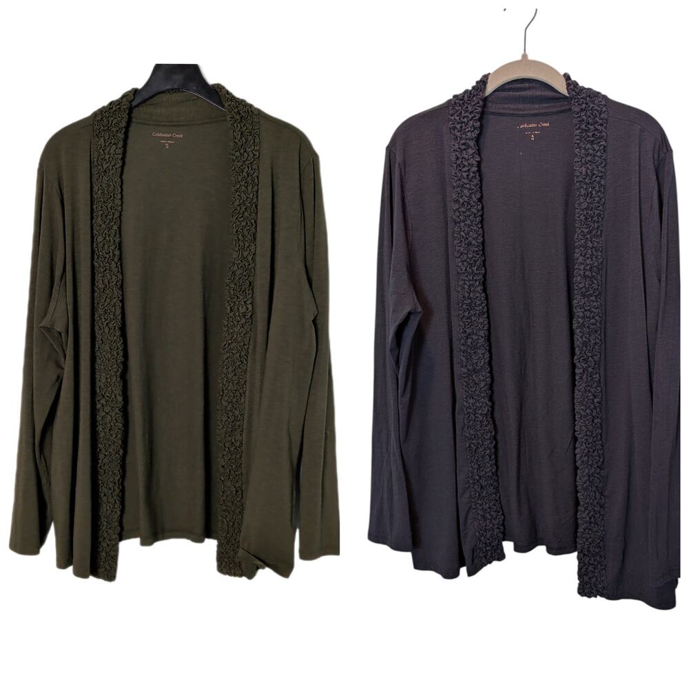 Set of 2 Coldwater Creek Sz XL (16) Open Front Cardigan Textured Trim Navy Green